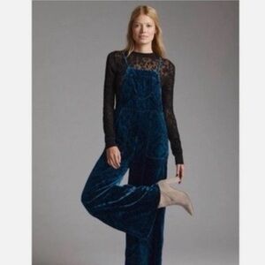 Anthropologie wide leg blue velvet Damask overall jumpsuit size L